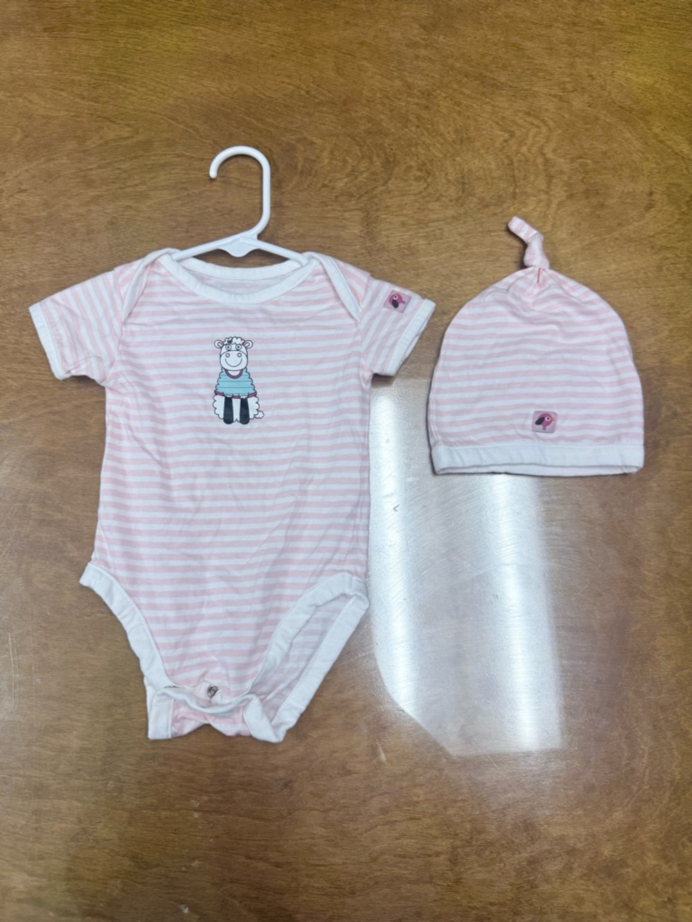 Avon Pink & White Striped Baby Bodysuit with Matching Hat